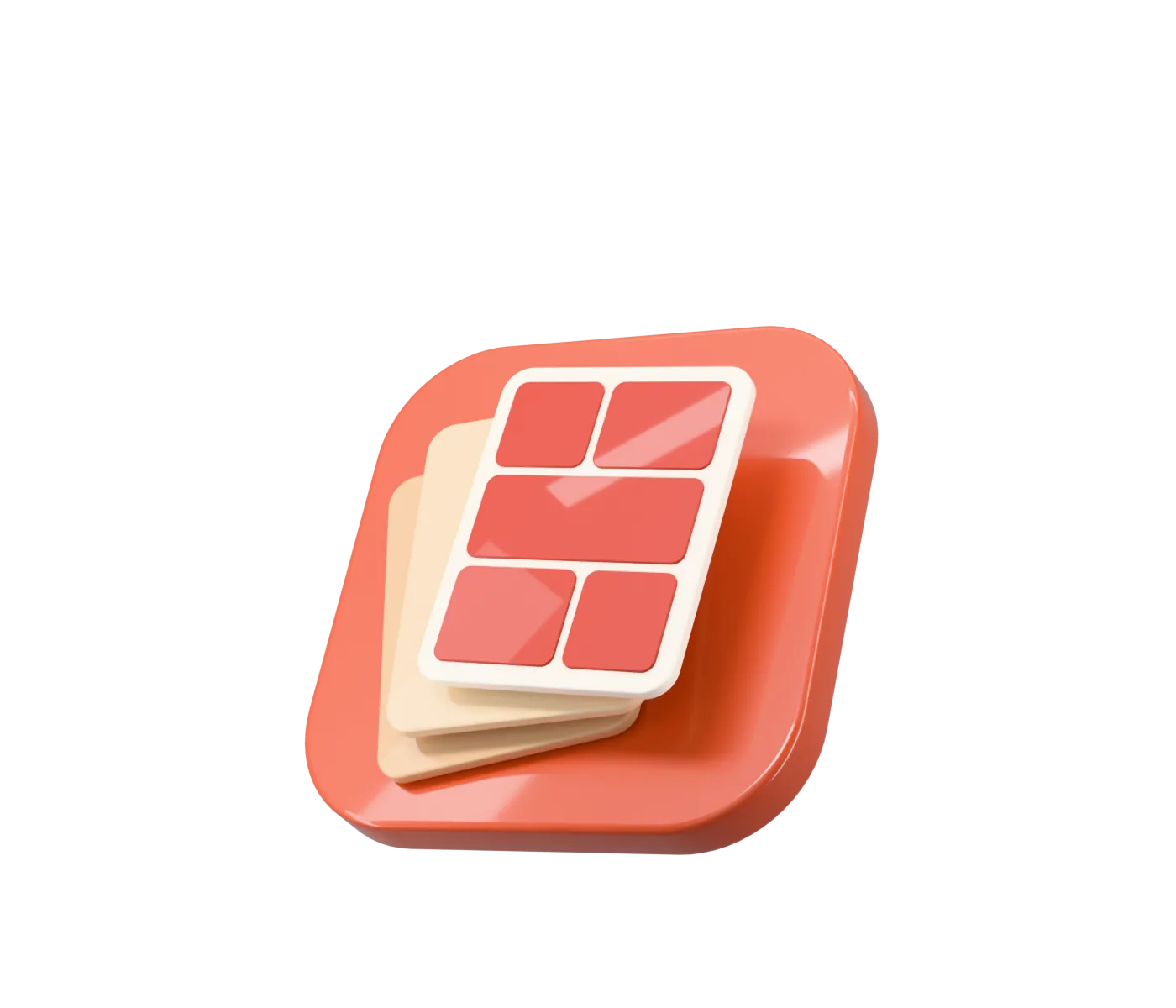 The Glimshelf app icon rebuilt as an orange ceramic tile with three comic pages lifting off it