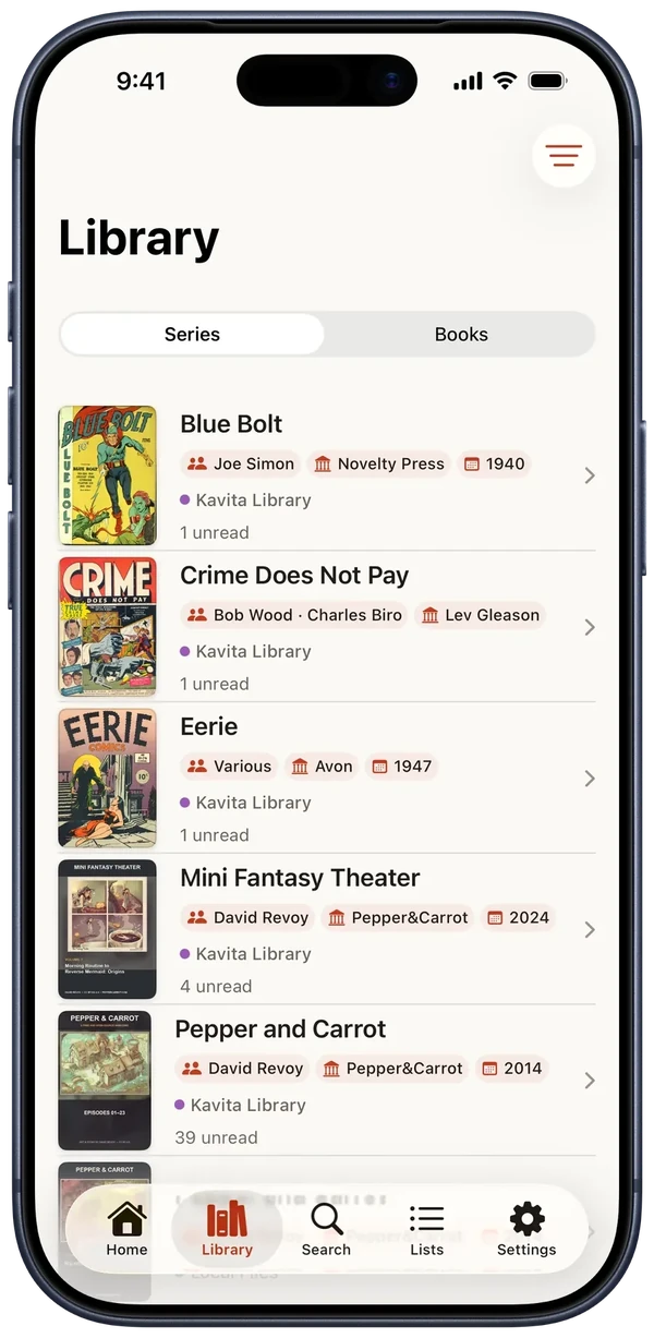 Library with Series selected, showing covers, creators, publishers, source badges, and unread counts