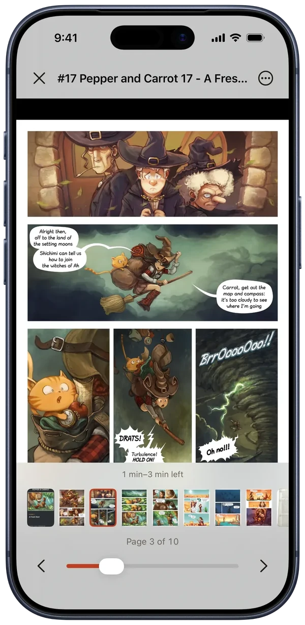 Reader with the controls visible over a multi-panel comic page: thumbnail strip, page slider, and time remaining