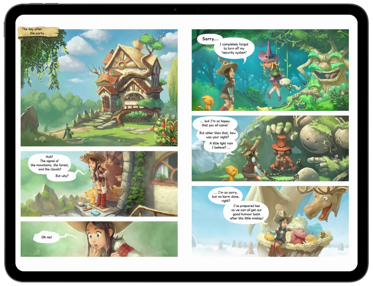 Two facing Pepper & Carrot pages in Glimshelf’s Double Page mode on a landscape iPad, with the controls hidden