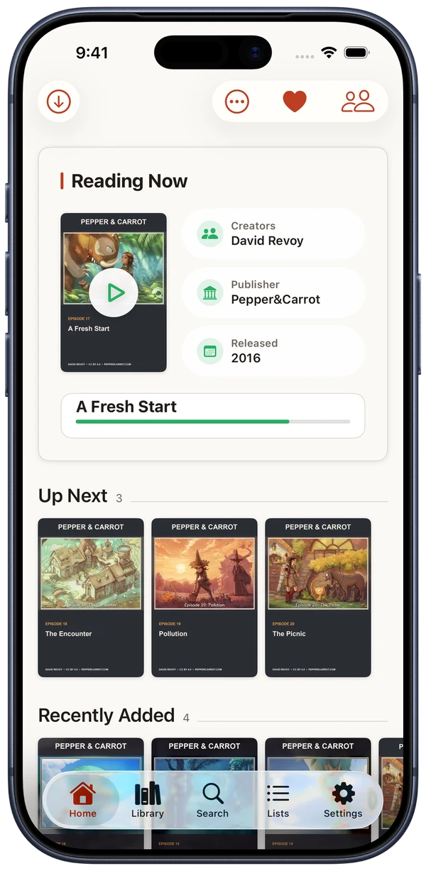 Glimshelf Home showing A Fresh Start by David Revoy, released in 2016, at 78 percent with three populated Pepper and Carrot episodes Up Next